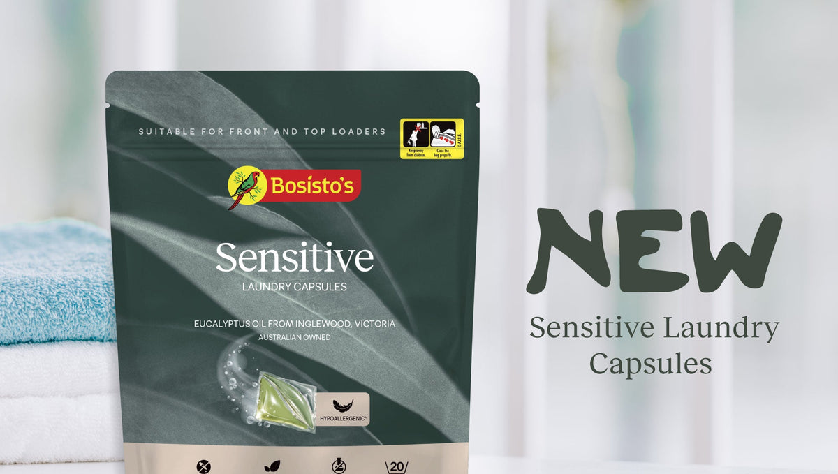 Goodbye to dyes… hello to NEW Bosisto’s Sensitive Laundry Capsules!